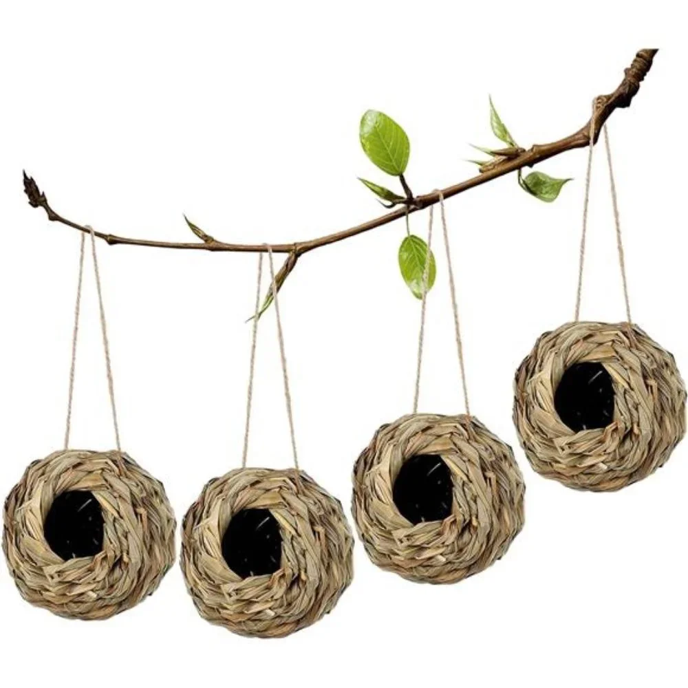 4 Pack Hanging Hummingbird Nest House for Outside, Ball Shape, Hand Woven
